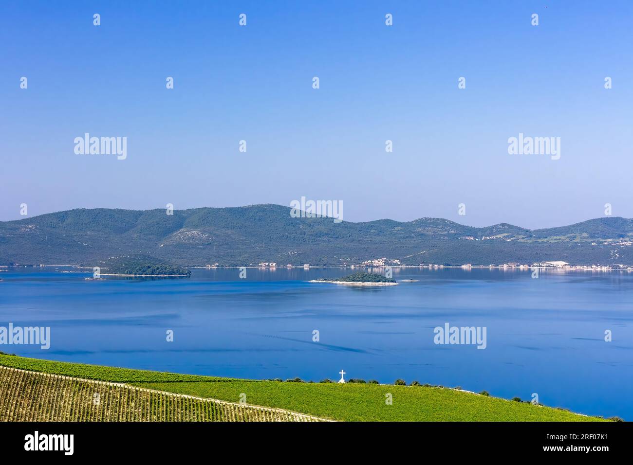 Grape fields on the shore, blue sea and islands Stock Photo