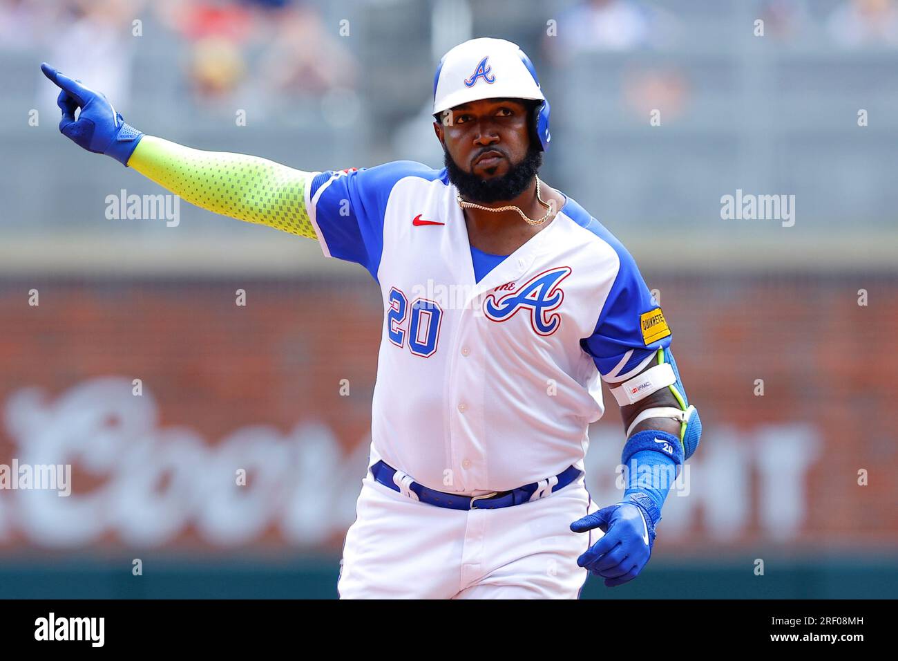 August 27 2023 San Francisco CA, U.S.A. Atlanta designated hitter Marcell  Ozuna (20)hit a two run homers during the MLB game between the Atlanta  Braves and the San Francisco Giants. San Francisco