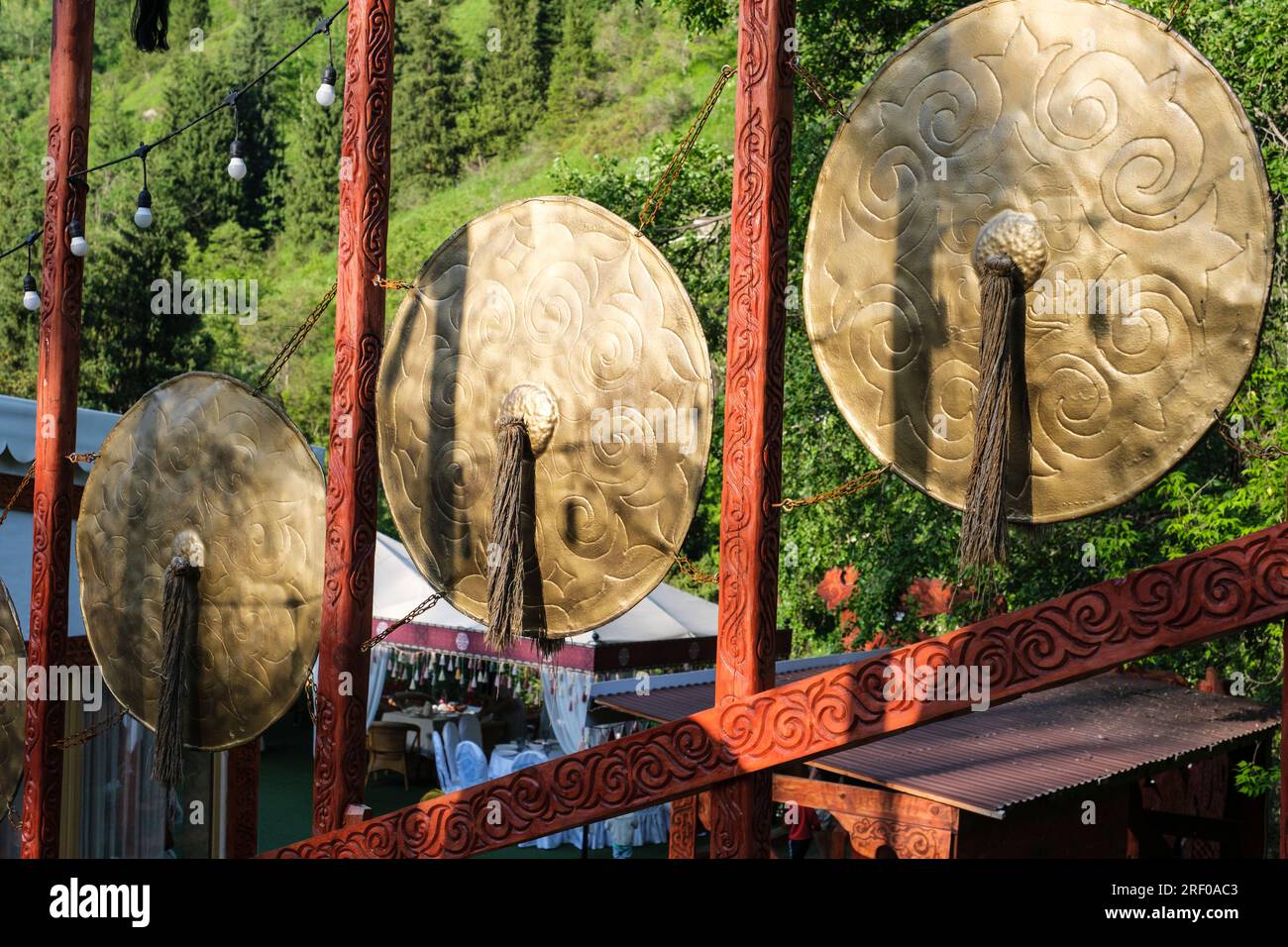 Kazakhstan, Ammasai Gorge. Shield Replicas Used as Decorations at Entrance to a Restaurant. Stock Photo