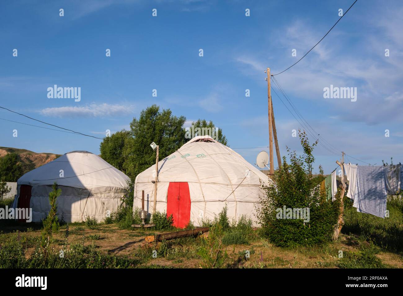 Kazakhstan, Saty Village. Yurt with Satellite Dish. Stock Photo