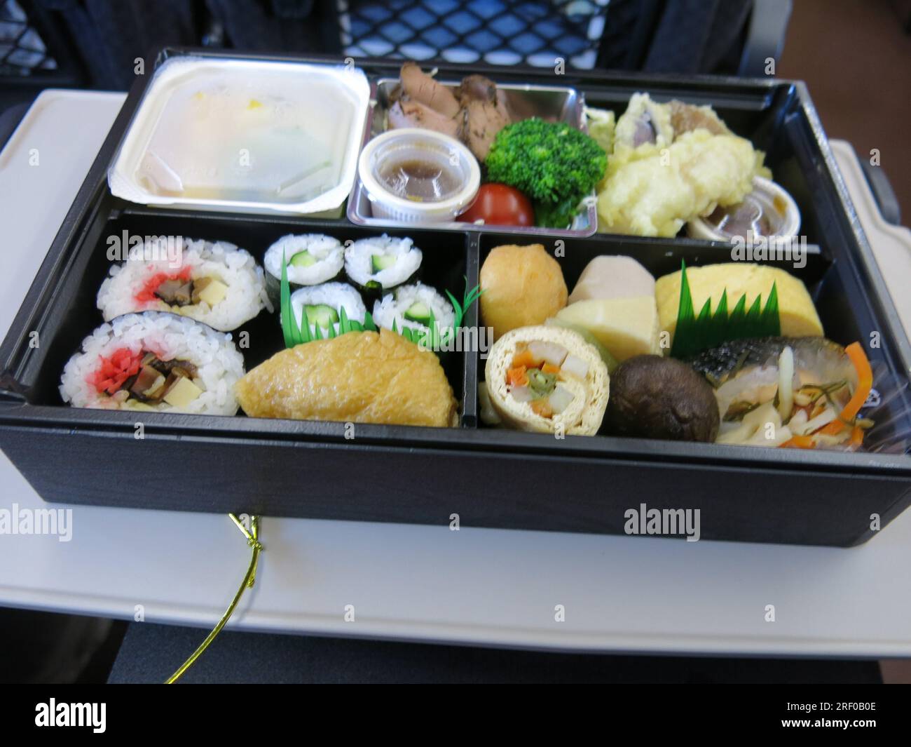 A Japanese Bento Box filled with sushi, rice, pickles, beef