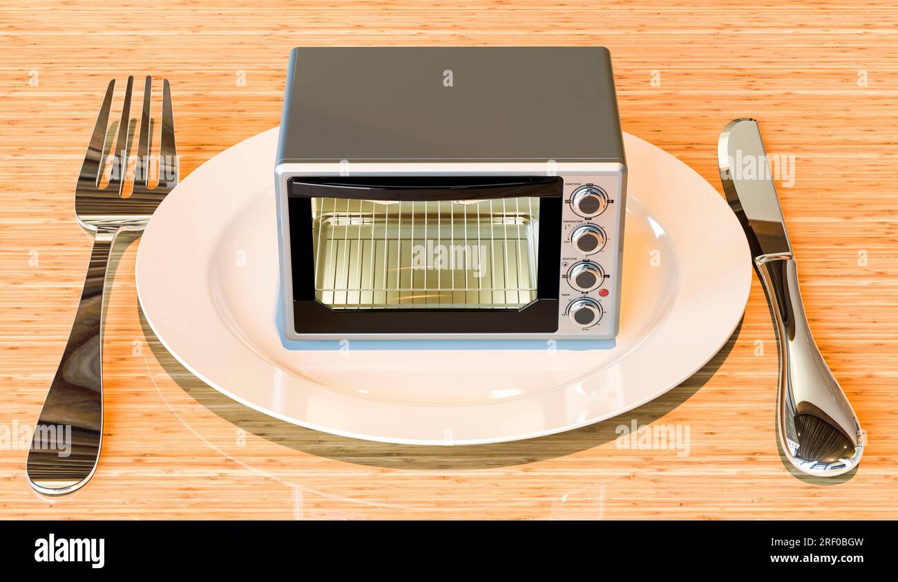 Dinner plate with Convection Toaster Oven with Rotisserie and Grill, 3D rendering Stock Photo