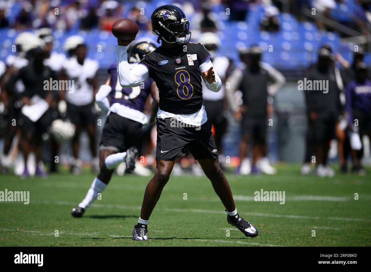 Baltimore Ravens quarterback Lamar Jackson (8) works out during the team's  NFL football training camp, Saturday, July 29, 2023, in Baltimore. (AP  Photo/Nick Wass Stock Photo - Alamy