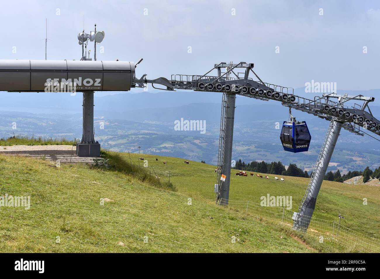 Telemix cable car in the summer, an easy way to reach the top of the Semnoz resort, a mountain in the Haute-Savoie department in France. Stock Photo