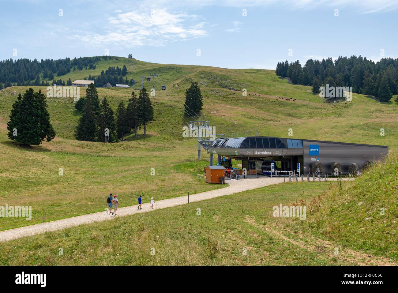 Telemix cable car station in the summer, an easy way to reach the top of the Semnoz resort, a mountain in the Haute-Savoie department in France. Stock Photo