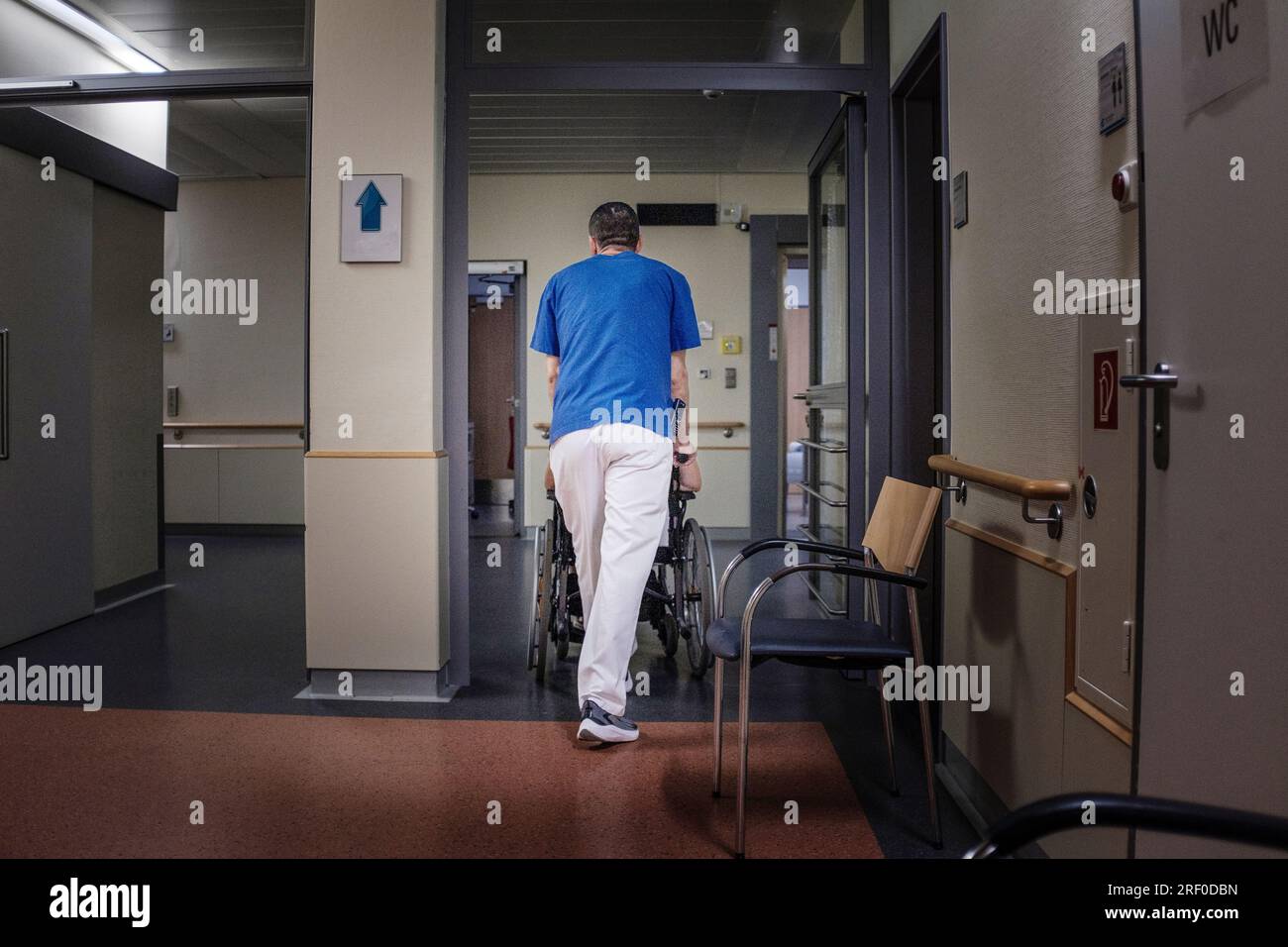 Male hospital nurse pushes patient in wheelchair along hospital ...