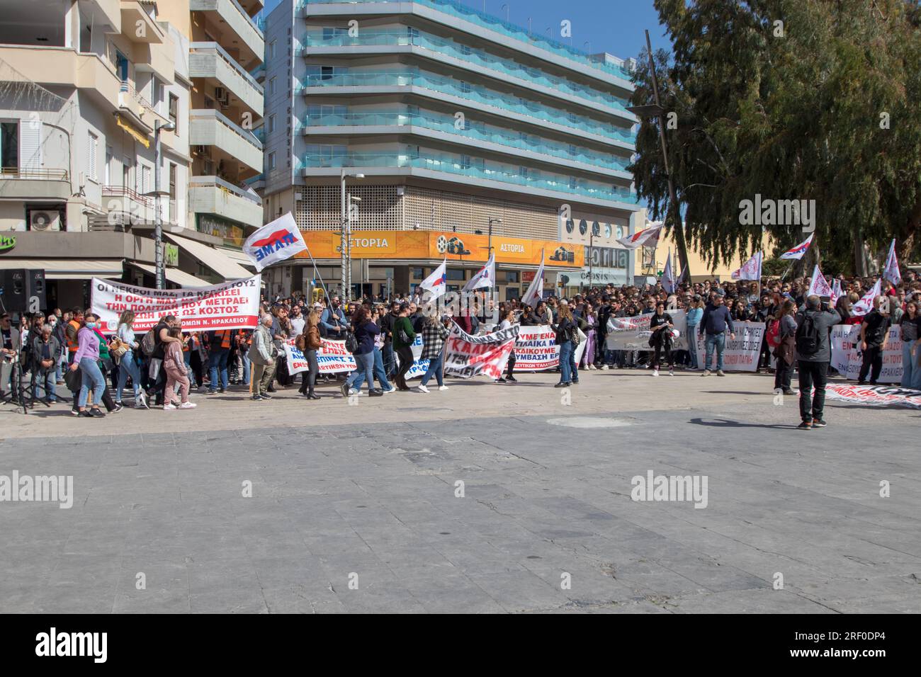 Heraklion-Crete, Greece- March 08 2023: Protests against goverment handling the deadly train accident at Tempi. 24-hour Public Sector strike Stock Photo