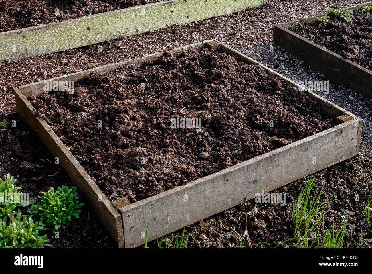 Soil filled wooden raised flower beds. The beds are empty ready for planting Stock Photo Alamy