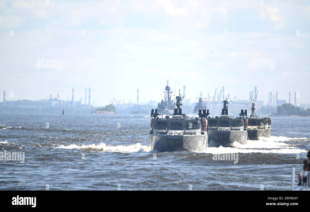 St Petersburg, Russia. 30th July, 2023. The Russian Navy Raptor-class patrol boats sail during the Russian Navy Day parade in the Gulf of Finland, July 30, 2023 in St. Petersburg, Russia. Credit: Alexander Kazakov/Kremlin Pool/Alamy Live News Stock Photo