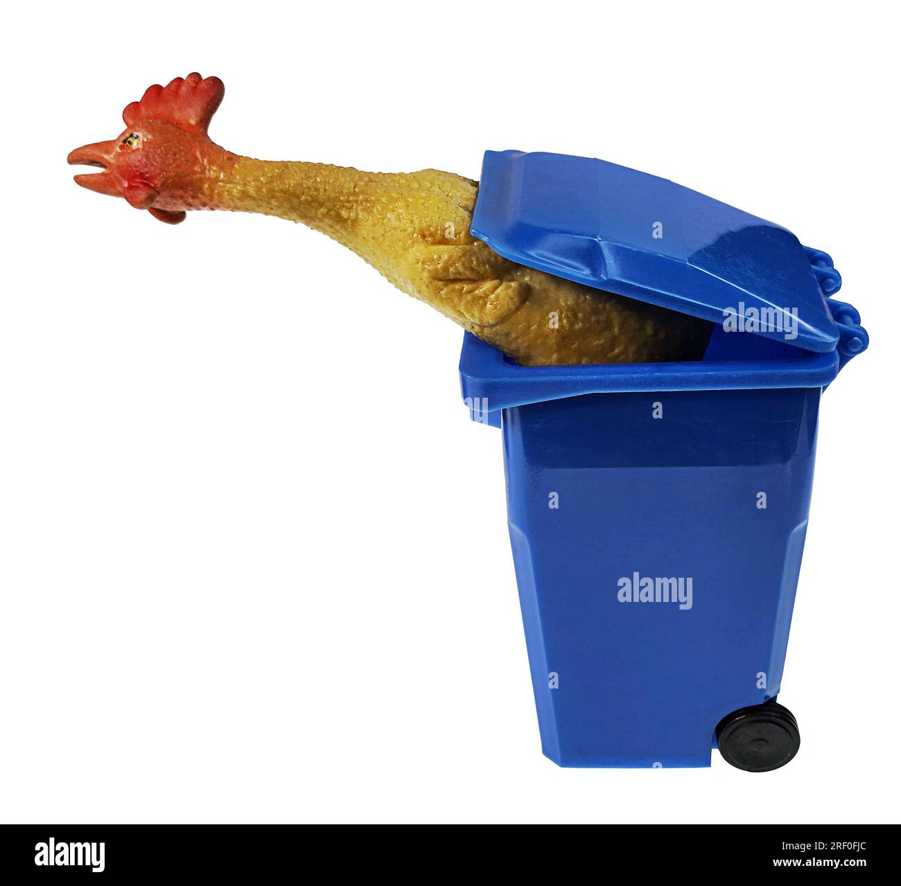 Recycling old jokes with a Rubber chicken in a recycling bin Stock Photo