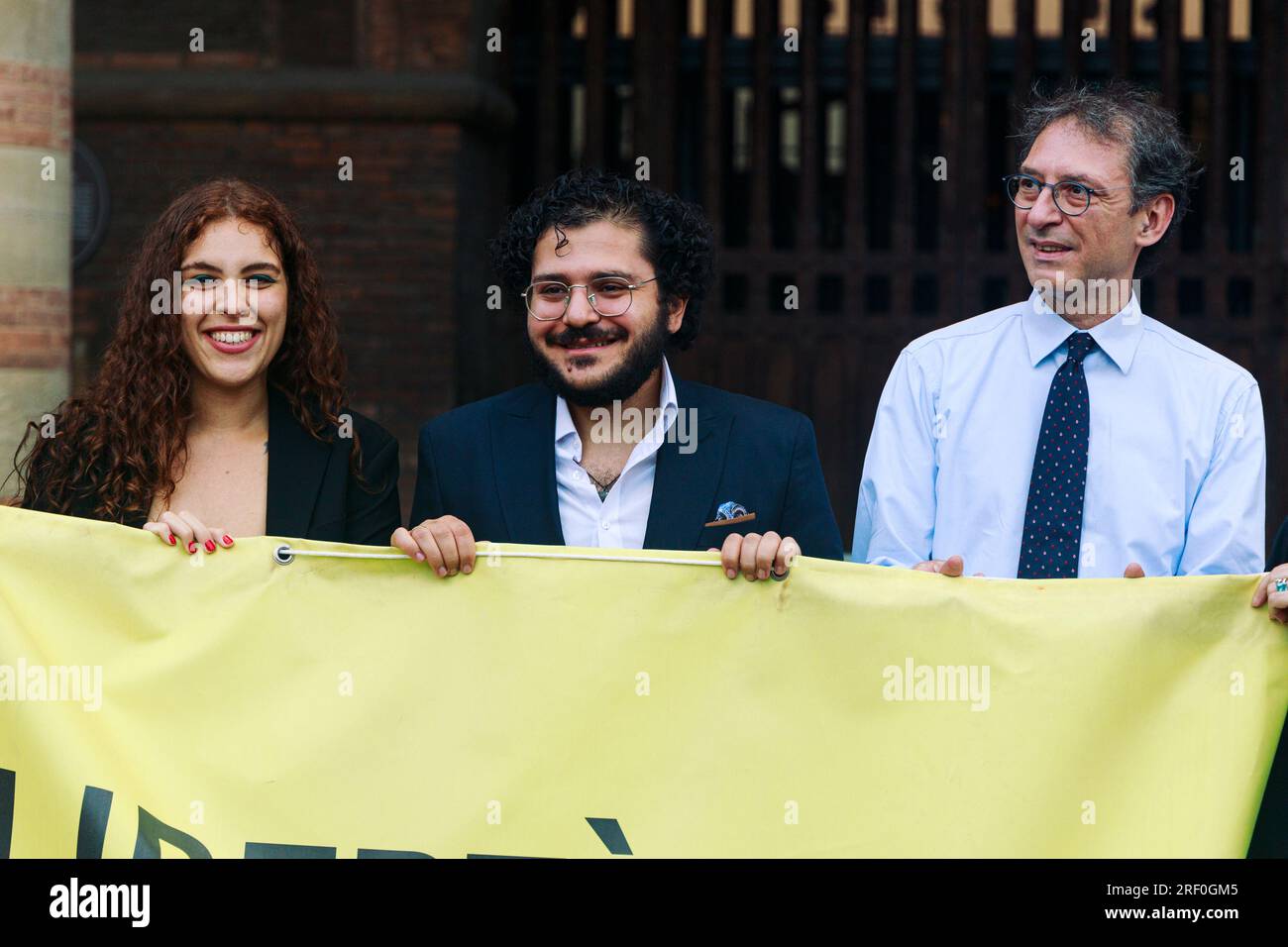 Bologna, ITALY. July 30, 2023. Ceremony to confer honorary citizenship to Egyptian human rights activist Patrick Zaki, free after more than 3 years in prison in Egypt and a student at the University of Bologna, in Piazza Maggiore on July 30, 2023 in Bologna, Italy. Credit: Massimiliano Donati/Alamy Live News Stock Photo