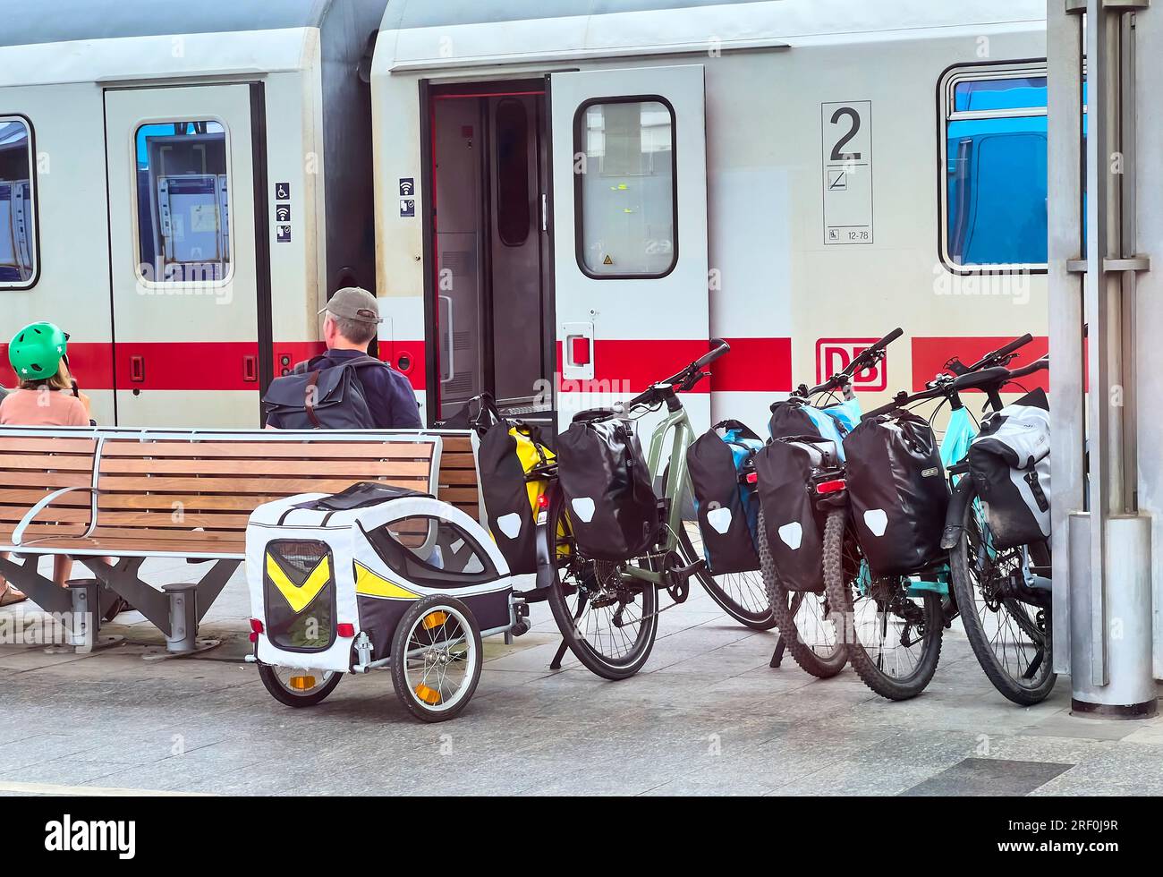 Traveller by bike at the railway station  on June 29, 2023  in Westerland, Sylt Island, Germany.  © Peter Schatz / Alamy Stock Photos Stock Photo