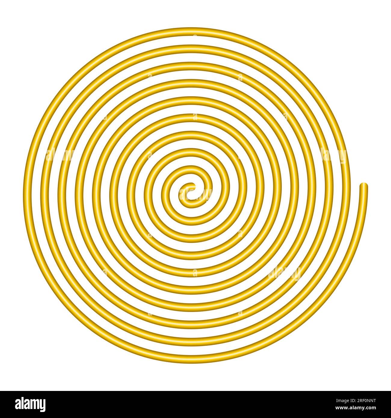 Large linear spiral. Gold colored Archimedean spiral of with ten turnings of one arm of an arithmetic spiral, rotating with constant angular velocity. Stock Photo
