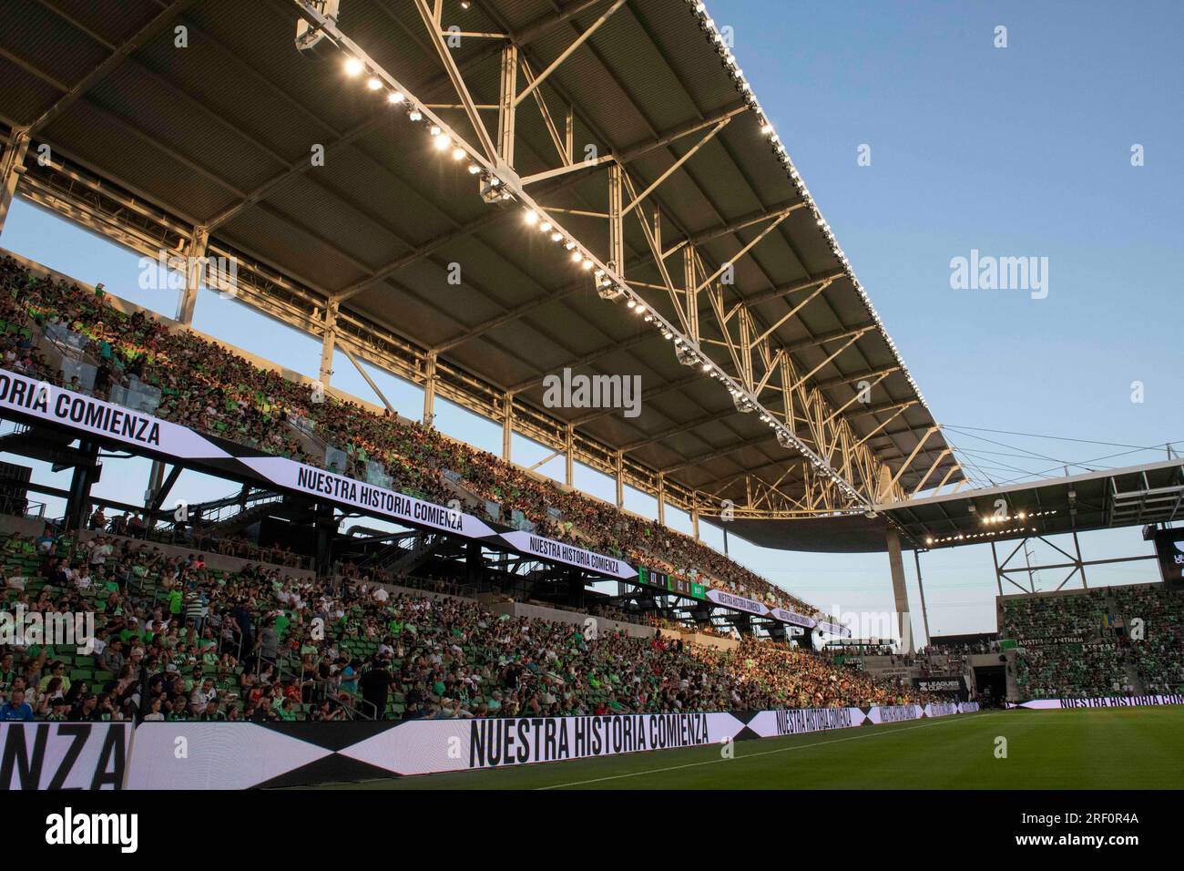 Austin Texas USA, July 29, 2023: Fans stay mostly in the shade under the  overhang at Austin's Q2 Stadium as they await the start of a match between  Austin FC and FC