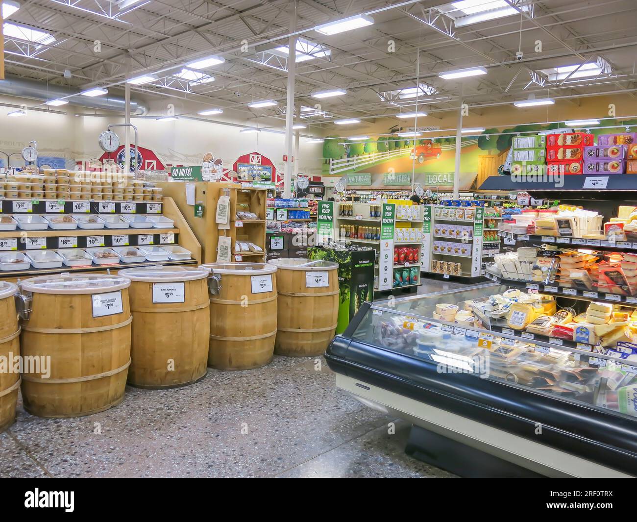 Packaged and Bulk Food Sections in a Supermarket Stock Photo
