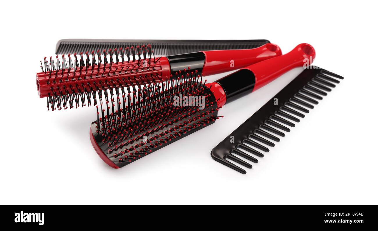 Set of plastic hair brushes and combs isolated on white Stock Photo Alamy