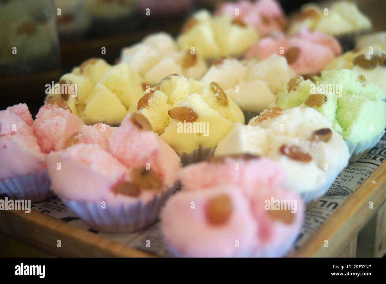 thai dessert, muffin thai cup cake or cotton wool cake on buffet line Stock Photo