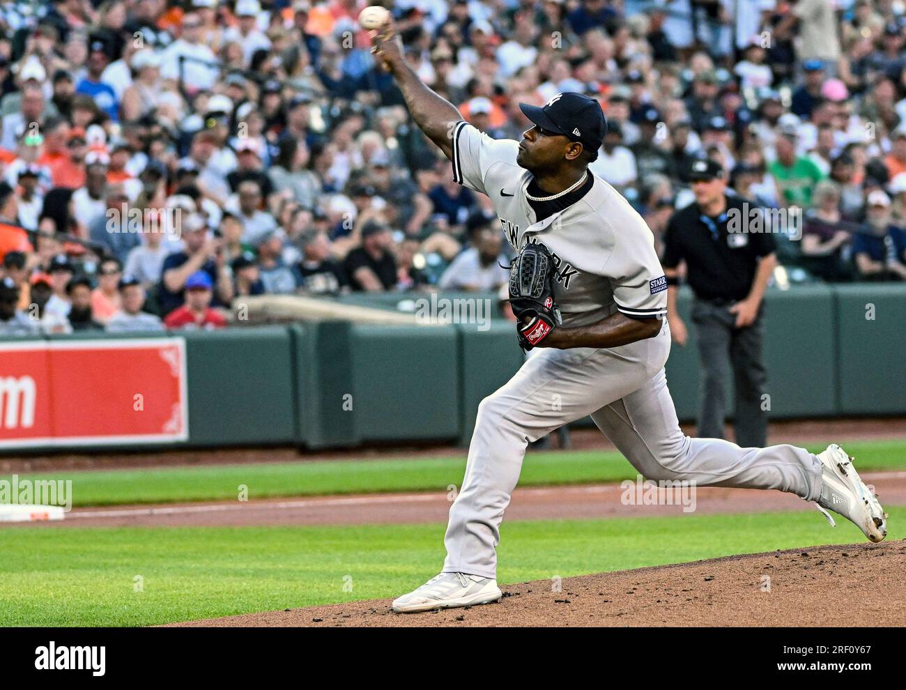 New York Yankees starting pitcher Luis Severino (40) walks to the dugout  after completing the first inning against the Baltimore Orioles at Oriole  Park at Camden Yards in Baltimore, MD on Tuesday