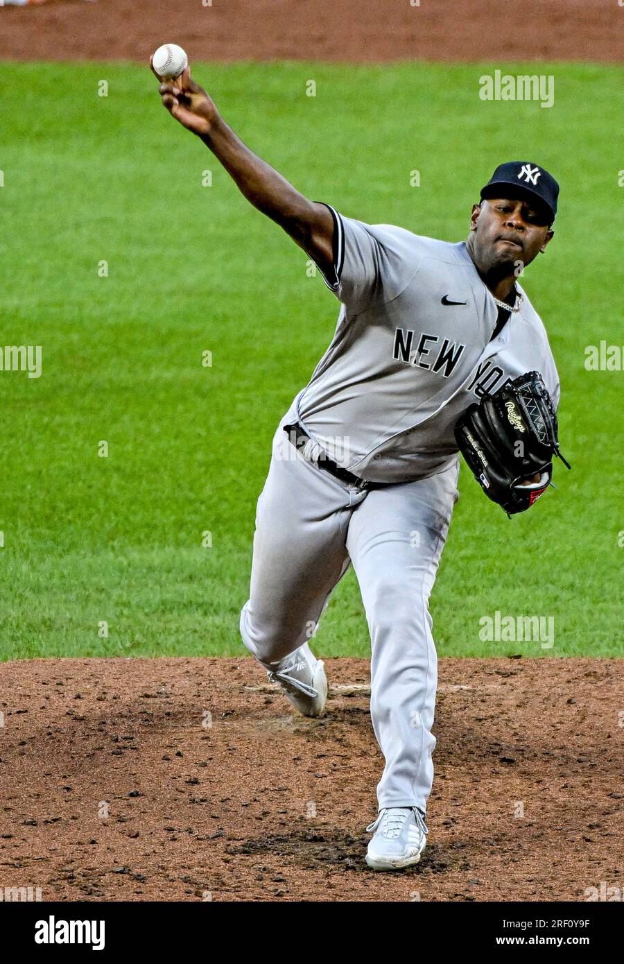 New York Yankees starting pitcher Luis Severino (40) walks to the dugout  after completing the first inning against the Baltimore Orioles at Oriole  Park at Camden Yards in Baltimore, MD on Tuesday