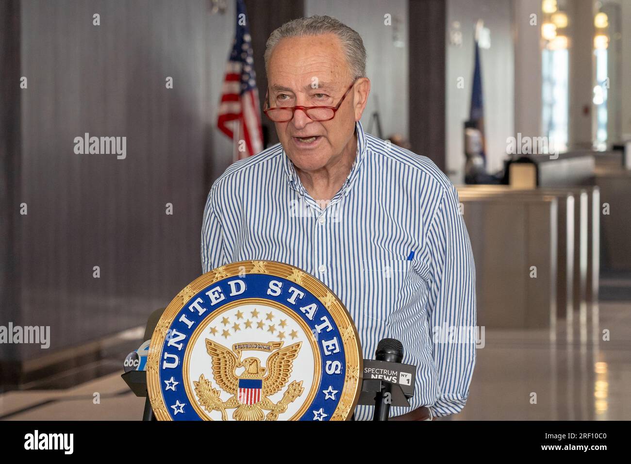 New York, New York, USA. 30th July, 2023. (NEW) Senator Schumer Pushes Defense Bill to Combat Fentanyl Flow Into U.S. July 30, 2023, New York, New York, USA: Senate Majority Leader, U.S. Senator Chuck Schumer (D-NY) demands that the House of Representatives pass new legislation that the majority leader says would dramatically reduce the flow of fentanyl into the United States by the end of the year on July 30, 2023 in New York City. On July 27 the Senate passed the Bipartisan defense bill, National Defense Authorization Act (NDAA), which included a plan to address the influx of deadly Stock Photo