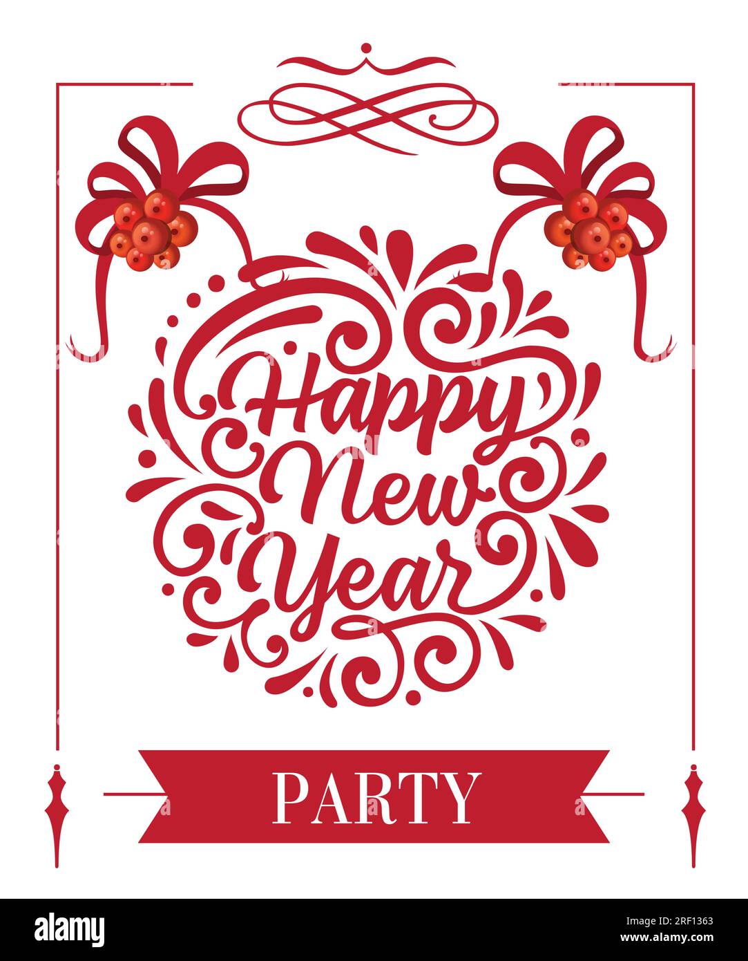Happy New Year Party lettering in red frame with mistletoes Stock ...