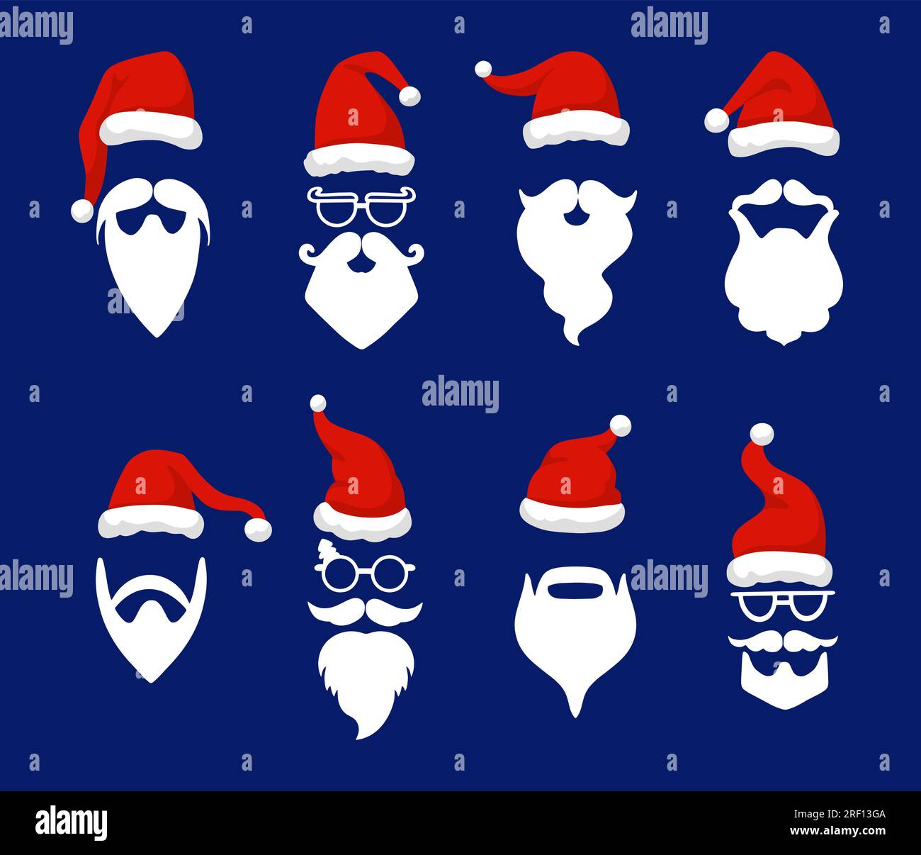 Santa hats with white moustache and beards. Cartoon objects, claus beard avatars. Laughing christmas design, new year neoteric vector masks Stock Vector