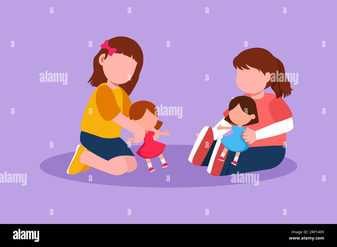 Cartoon flat style drawing two little girls playing with dolls. Happy kids playing together. Child characters with cute dolls. Childhood and preschool Stock Photo