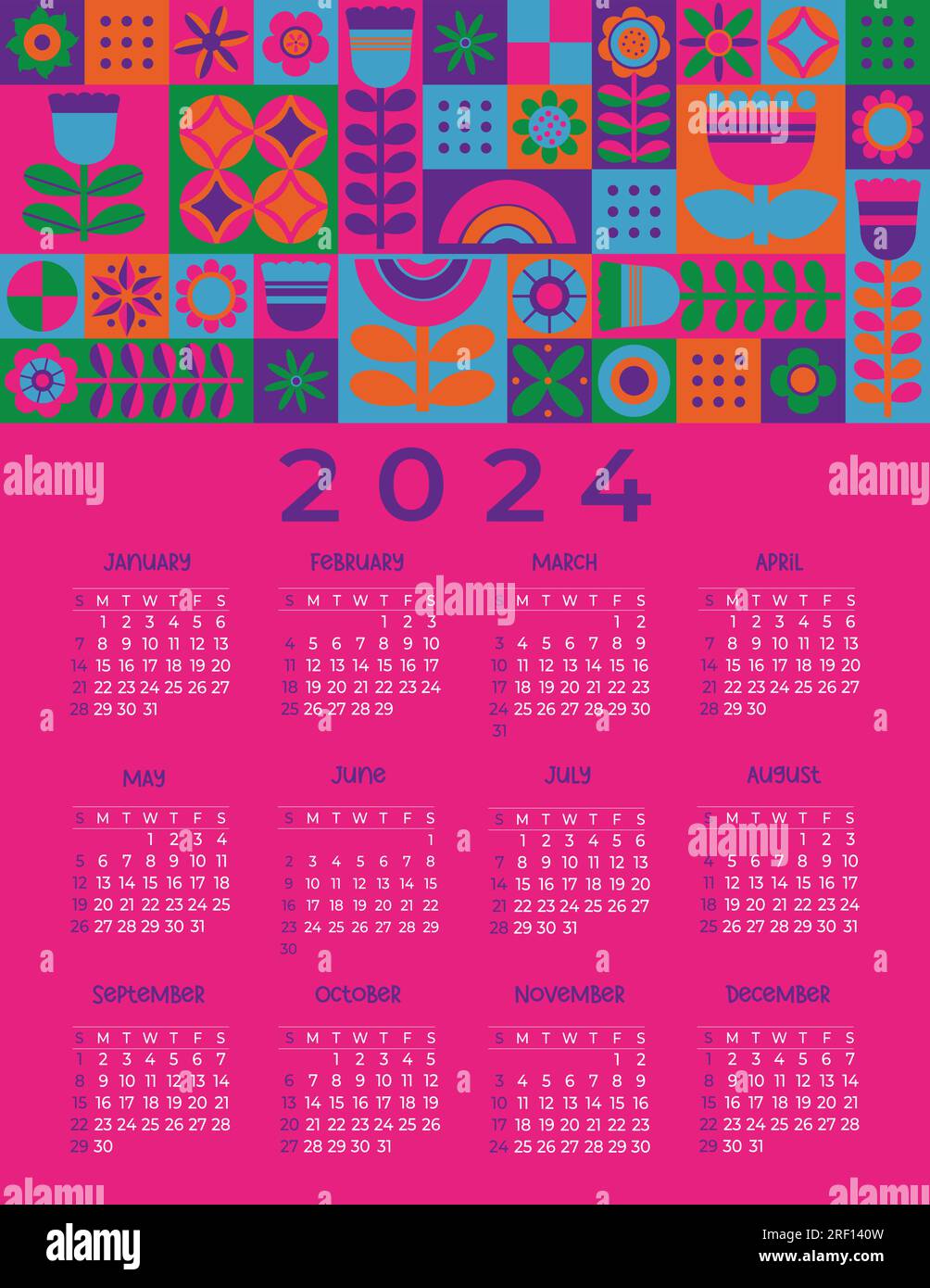Modern annual calendar 2024 Minimalistic abstract geometric colorful  pattern. Vector vertical template for 12 months in English. Week starts on  Sunday Stock Vector Image & Art - Alamy