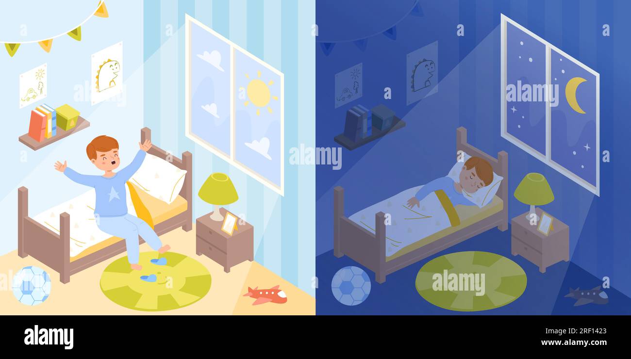 Sleep and wake up boy in bedroom. Kid at early morning, sweet dreams at night. Daily schedule, child healthy sleeping and rest snugly cartoon vector Stock Vector