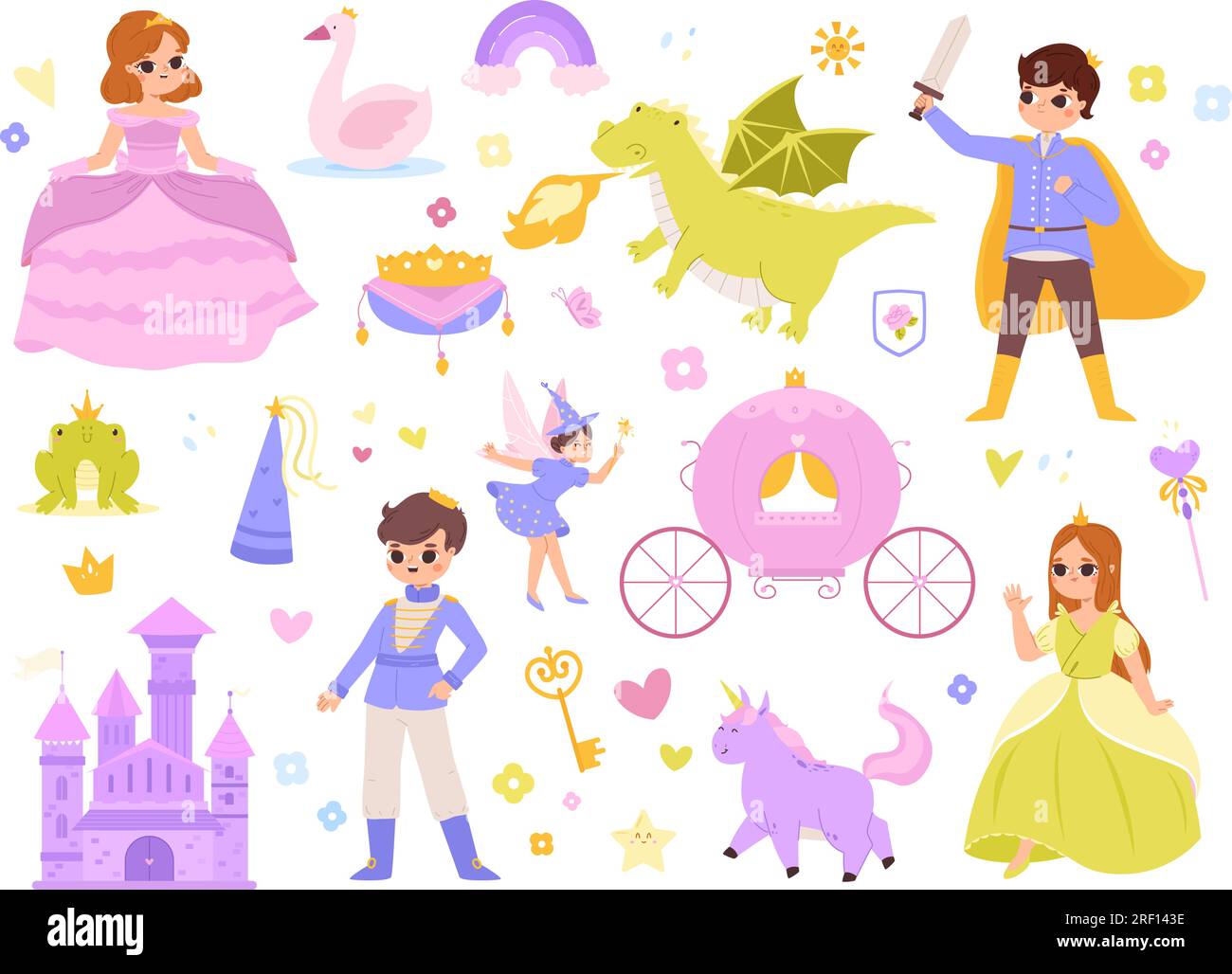 Magic princess world, knights and castle. Princesses and fairy lady with wand, wonder unicorn and prince frog. Kids fantasy snugly vector clipart Stock Vector