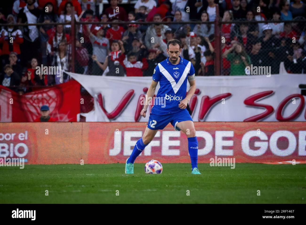Buenos Aires, Argentina. 30th July, 2023. Diego Godin of Velez seen in action during the match between Huracan and Velez as part of Liga Profesional de Futbol - Fecha 27 at Tomas Adolfo Duco Stadium. Final score: Huracan 1 - 0 Velez Credit: SOPA Images Limited/Alamy Live News Stock Photo