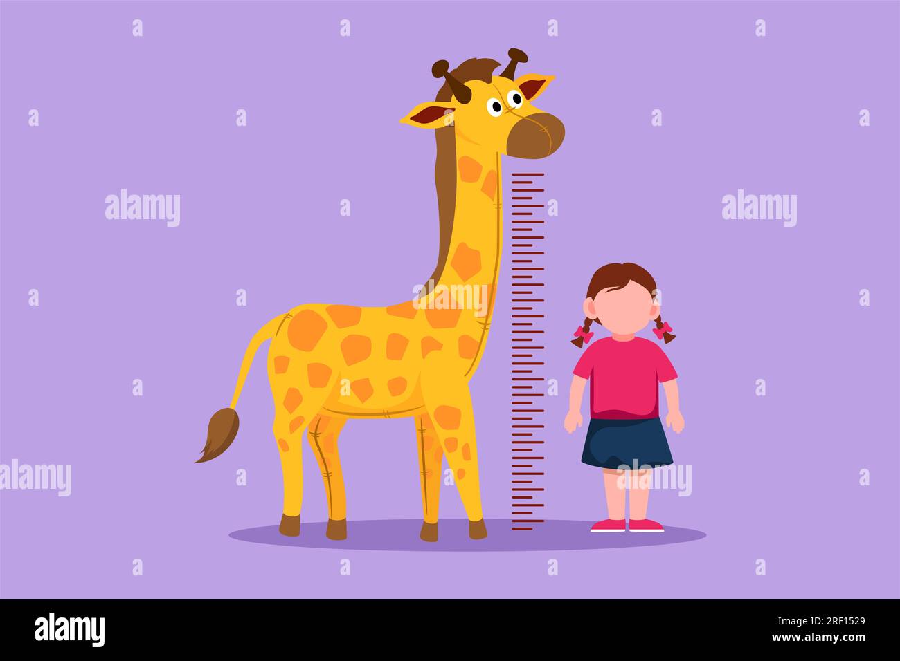 Graphic flat design drawing little girl measuring her height with giraffe height chart on wall