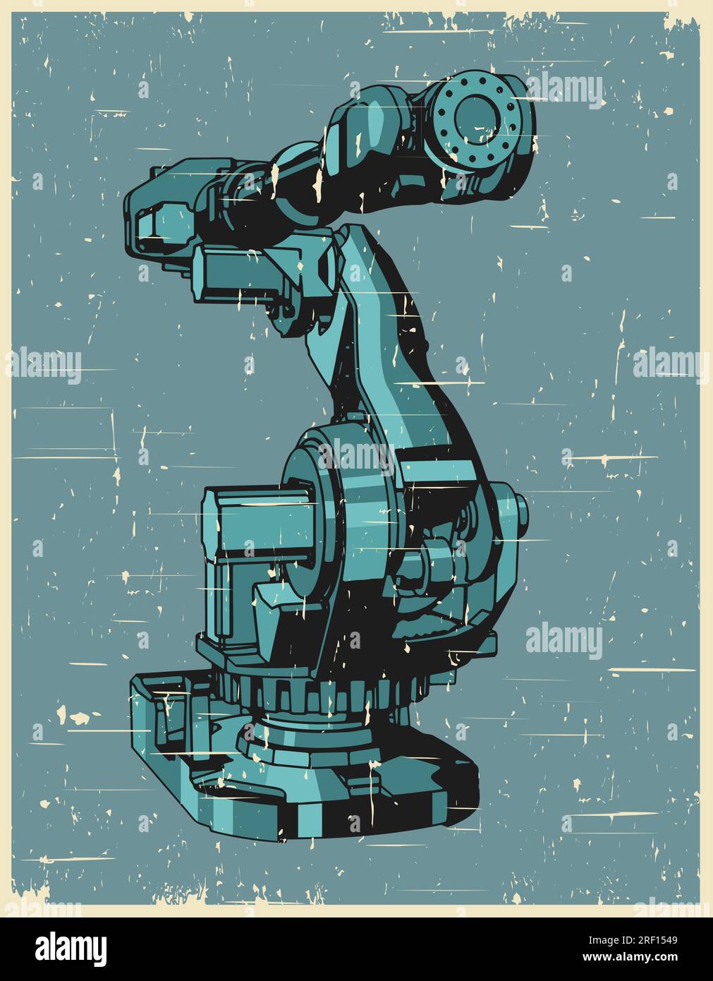 Stylized vector illustration of industrial robotic arm for automated production lines in retro poster style Stock Vector