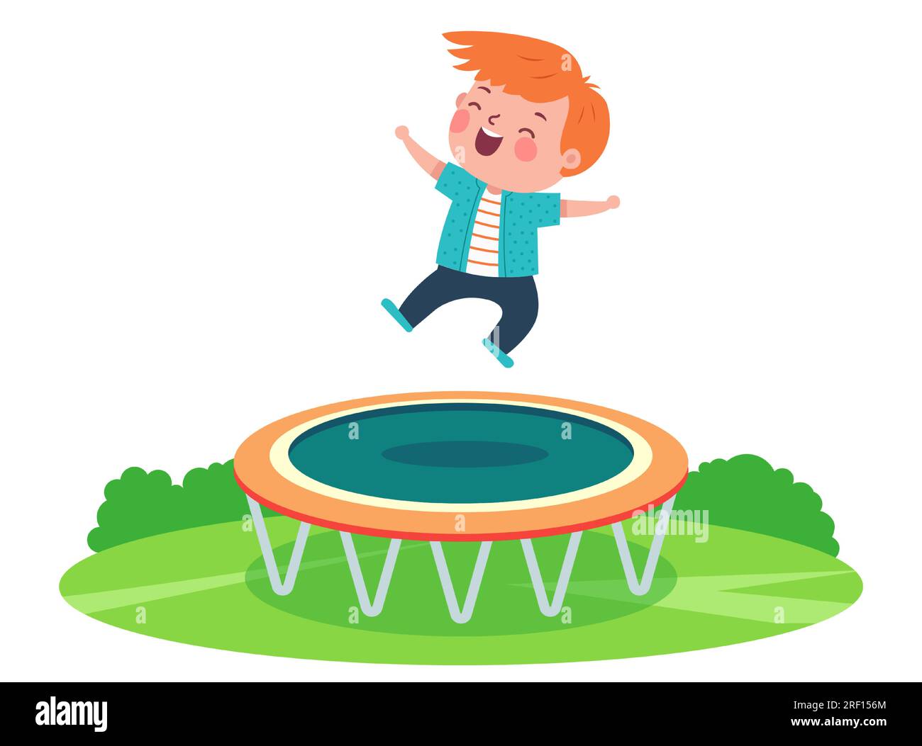 boy jumping on a trampoline in nature. flat vector illustration. Stock Vector