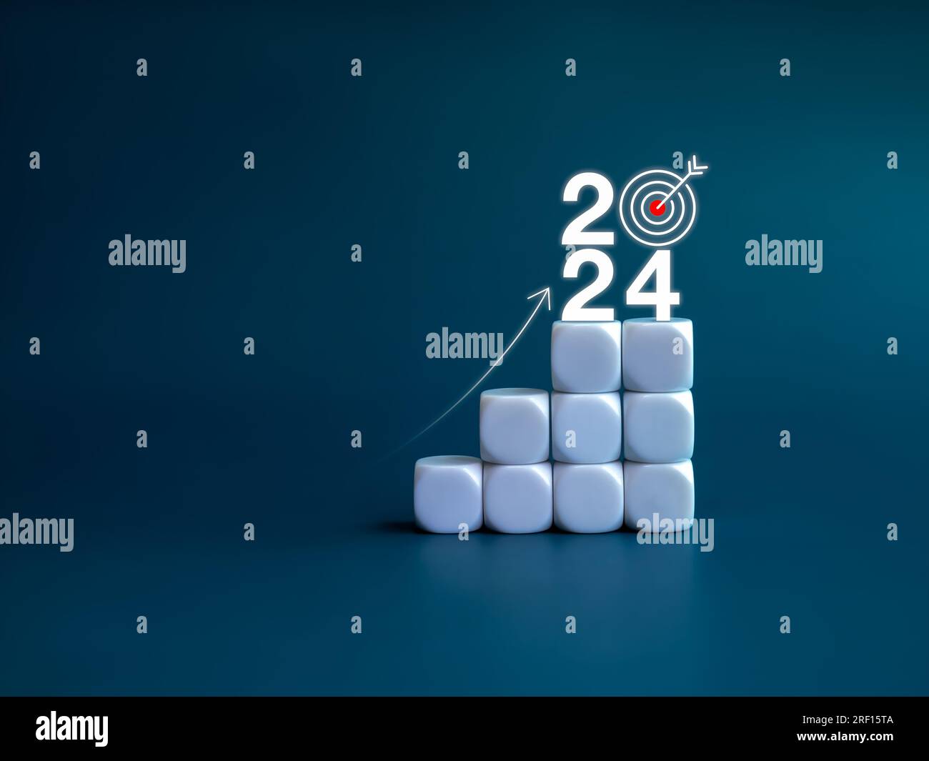 2024 year number with target icon and rise up arrow on white blocks as