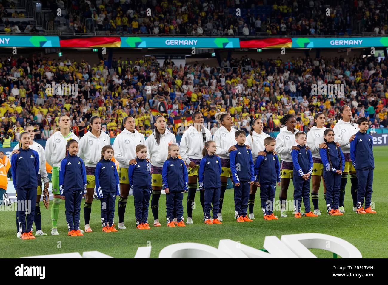 Sydney, Australia. 30th July, 2023. Colombian players line up for the National Anthem before the FIFA Women's World Cup 2023 Group H match between Germany and Colombia at Sydney Football Stadium on July 30, 2023 in Sydney, Australia Credit: IOIO IMAGES/Alamy Live News Stock Photo