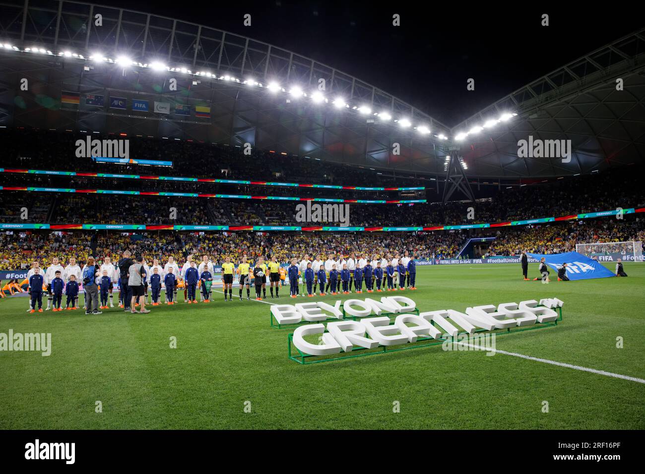 Sydney, Australia. 30th July, 2023. Players and Referees line up for the National Anthem before the FIFA Women's World Cup 2023 Group H match between Germany and Colombia at Sydney Football Stadium on July 30, 2023 in Sydney, Australia Credit: IOIO IMAGES/Alamy Live News Stock Photo