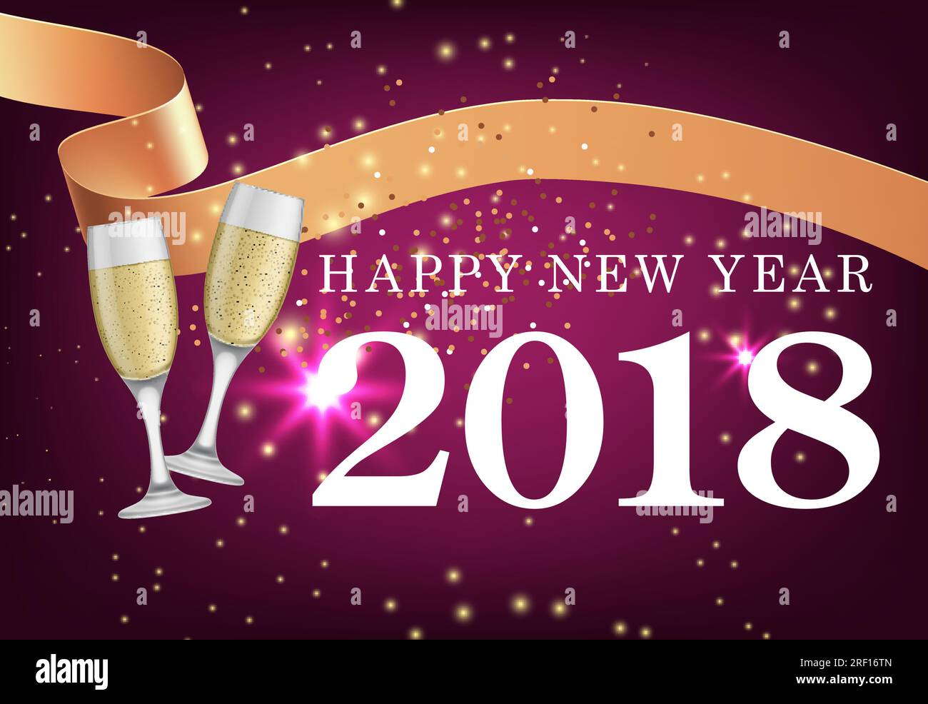 Happy New Year greeting card design with champagne glasses Stock Vector ...