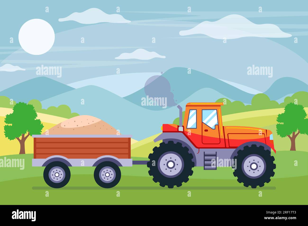 a tractor with a cart rides in the countryside. flat vector