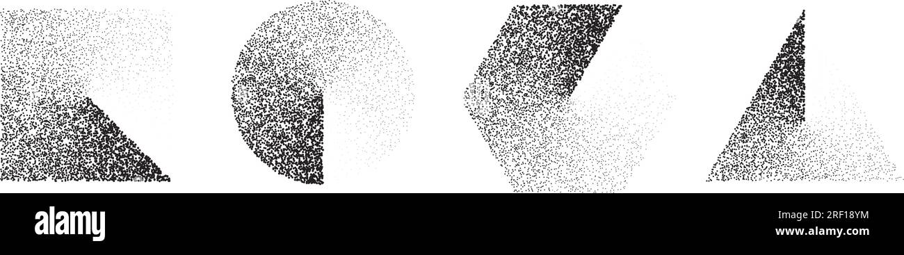 Set of stippled gradient shapes. Black dotted square, circle, hexagon and triangle collection. Textured noise grain dot work elements. Half tones and shadows gritty effect bundle. Vector Stock Vector