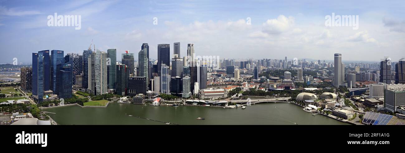 Singapore - July 27, 2023; City, skyscrapers & Marina Bay very wide  Panorama Stock Photo