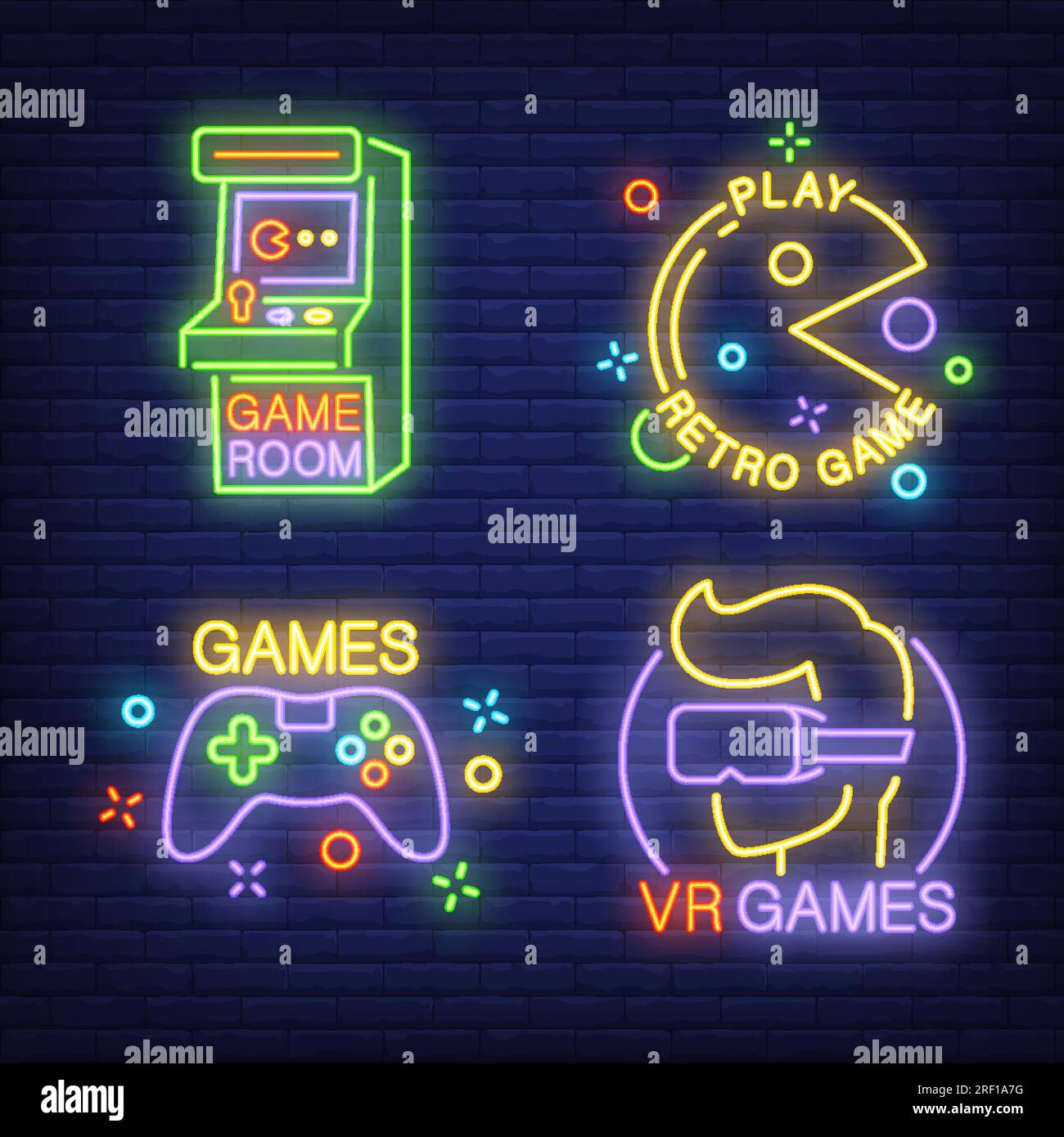 Retro game neon sign. Video games night light symbol, glowing gamer poster,  gaming club banner. Vector retro neon flyer icon Stock Vector