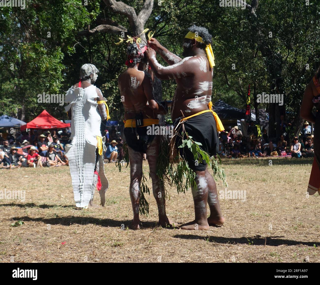Dancers from Yarrabah including one in white crocodile skin, Lauran Quinkan Dance Festival, Cape York Peninsula, 2023. No MR or PR Stock Photo