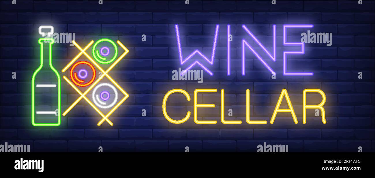 Wine cellar neon text with bottles on racks Stock Vector Image & Art