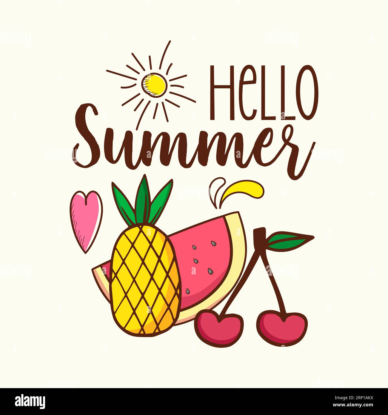 Summer t shirt design with fruits watermelon pineapple and sun Stock Vector