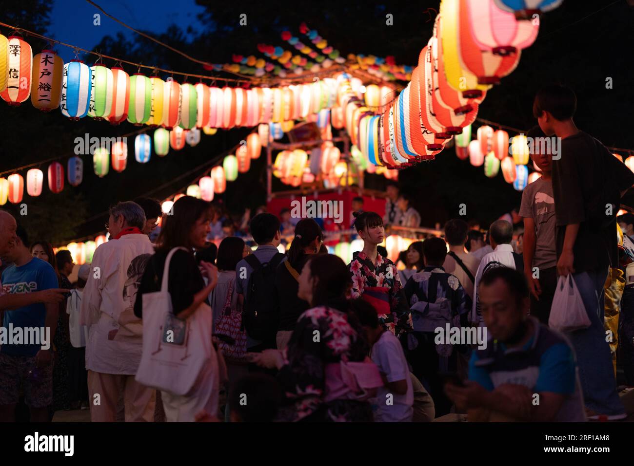 Yokohama, Japan. 29th July, 2023. Visitors of a bon odori matsuri (summer festival) in Sugiyama shrine. After the Japanese government declared the end of the Coronavirus pandemic in May 2023, the traditional summer festivals have returned to shrines and temples all over the country. Credit: SOPA Images Limited/Alamy Live News Stock Photo