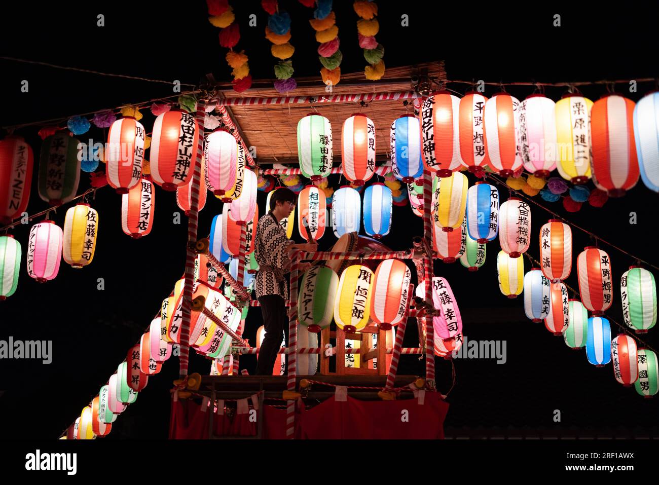 Japanese drum Taiko on the stage of the Yaguro. Paper red-white lanterns  Chochin Scenery for the holiday Obon Stock Photo - Alamy
