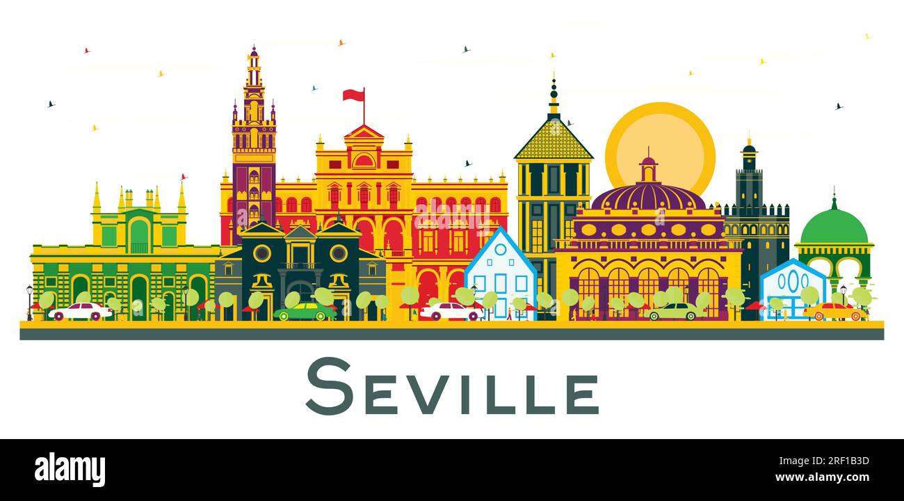 Seville Spain City Skyline with Color Buildings Isolated on White. Vector Illustration. Business Travel and Tourism Concept with Historic Buildings. Stock Vector