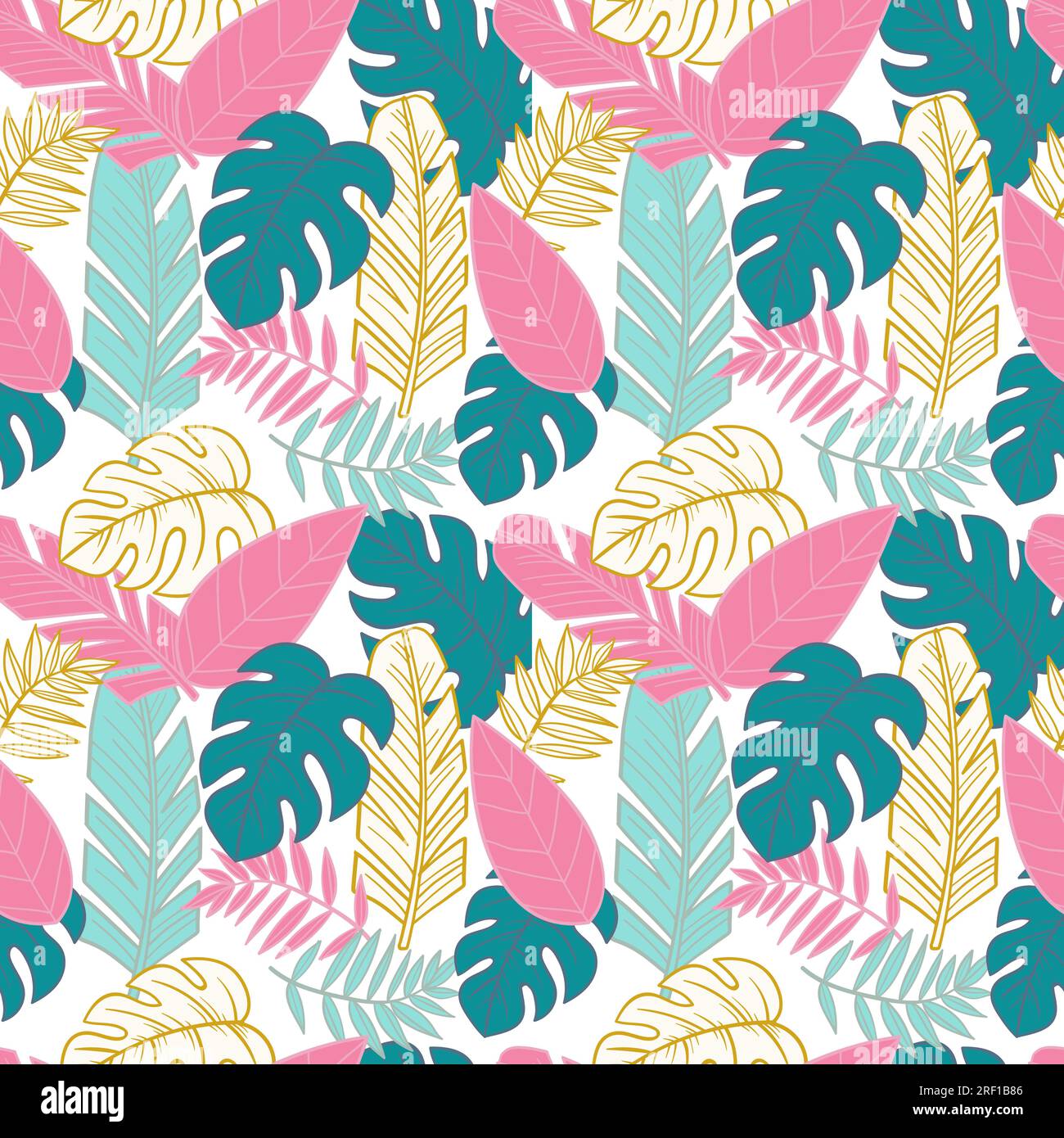 Hand drawn summer leaves pattern with colored tropical leaves Stock Vector