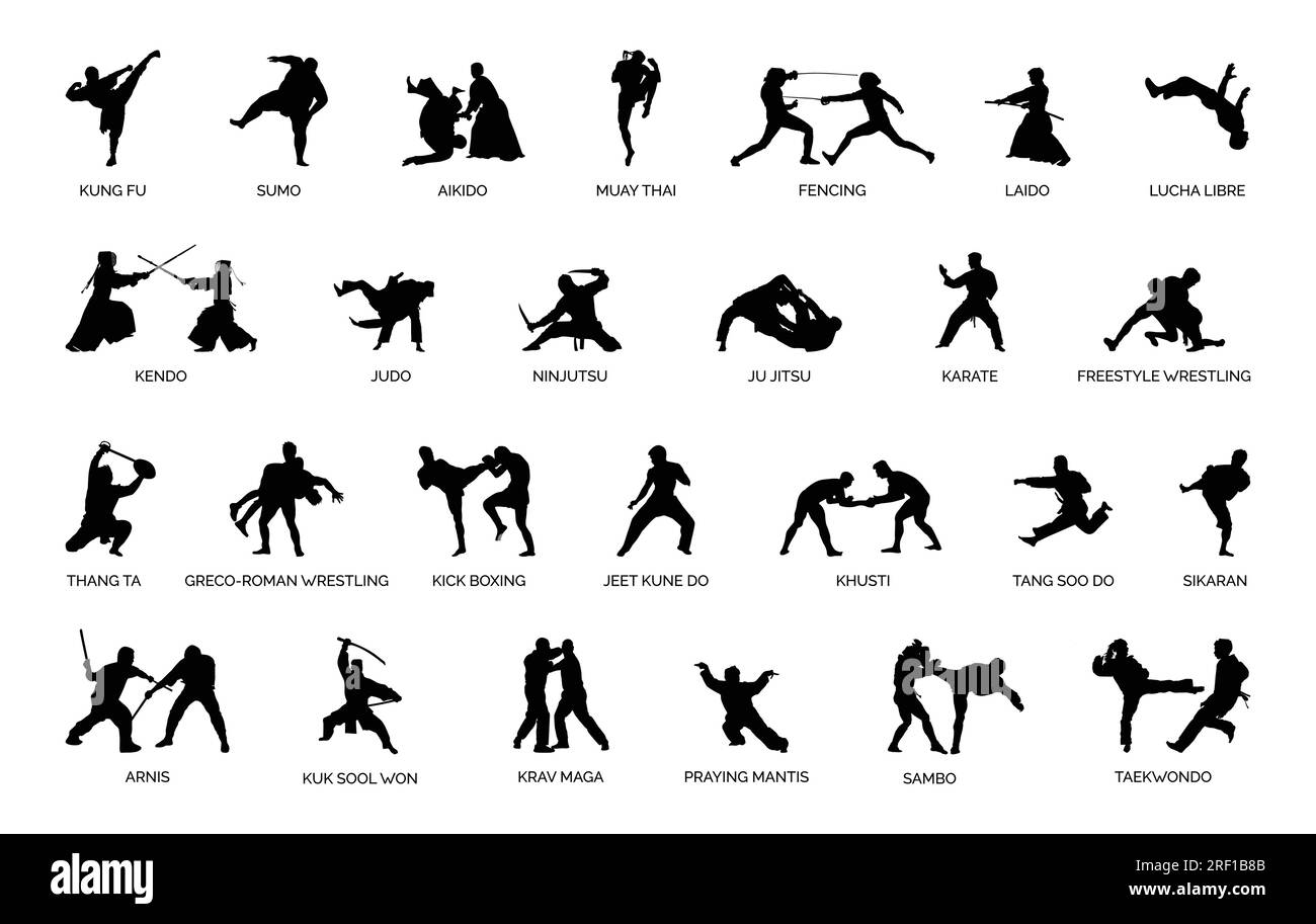 Types of Martial Arts Silhouettes. Stock Vector